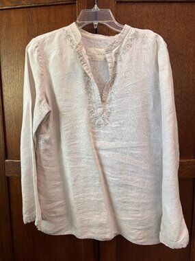 Liz Claiborne Linen Embroidered Tunic Top Medium Neutral Boho